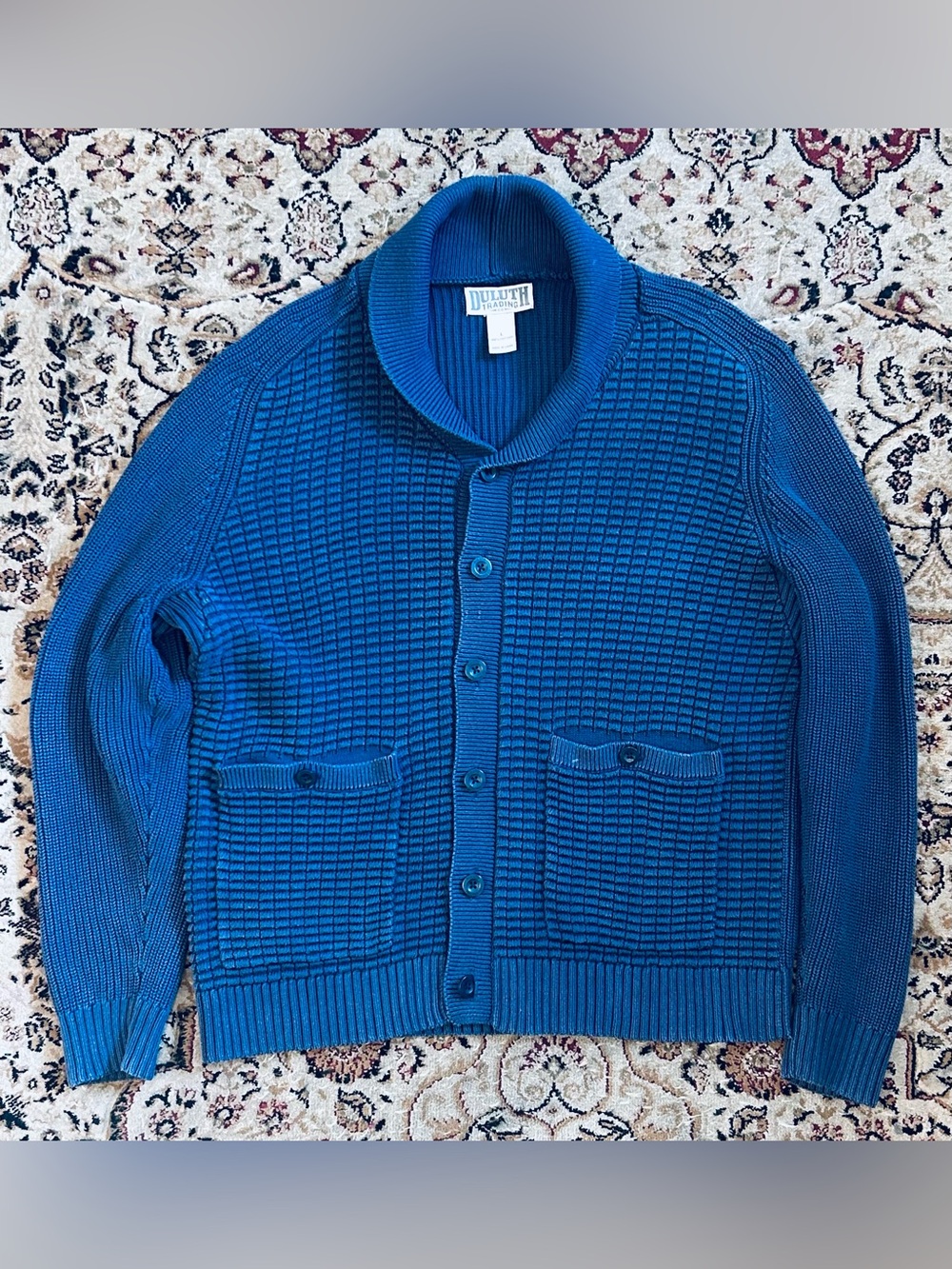 Duluth Trading Co Men's Cobalt Blue Shawl-Collar Button waffle knit sweater Blue